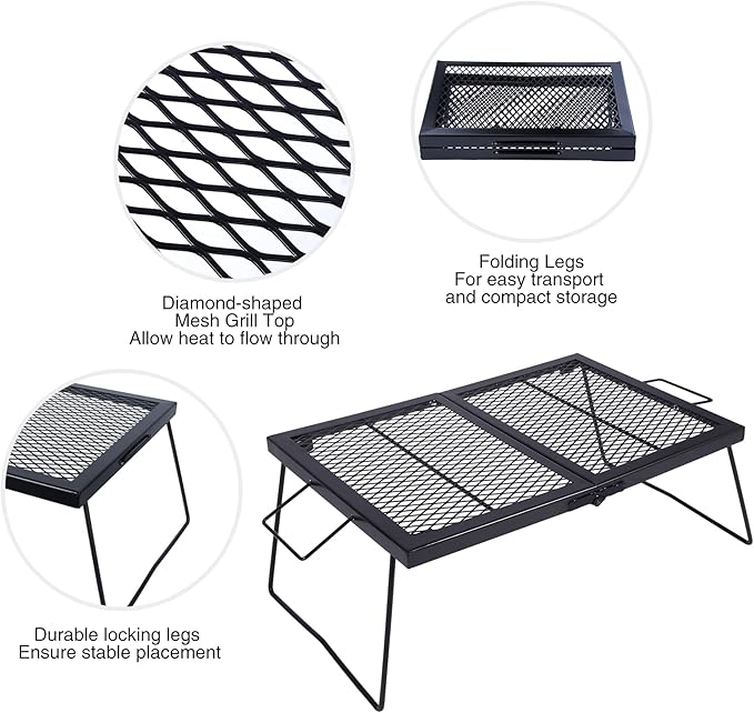 REDCAMP Folding Heavy Duty Campfire Grill Steel Grate, Portable Camp Fire Cooking Racks for Outdoor Open Flame Cooking Large 23.6 * 15.7 * 9.6"