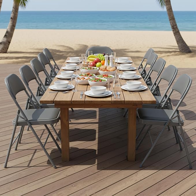 DUMOS 4 Pack Folding Chairs with Padded Cushion and Back - PU Leather Stackable Portable Dining Chiars Set, for Home and Office, Conference, Wedding, Party, Patio, Garden, for Indoor Outdoor, Grey