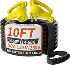 NEMA 14-50P/14-50R 10 FT 50 Amp RV/EV Extension Cord Outdoor with Grip Handle, 4 Prong Flexible Heavy Duty STW RV Power Cord Waterproof, 50A 125/250V 6250/12500W, Black-Yellow, ETL Listed