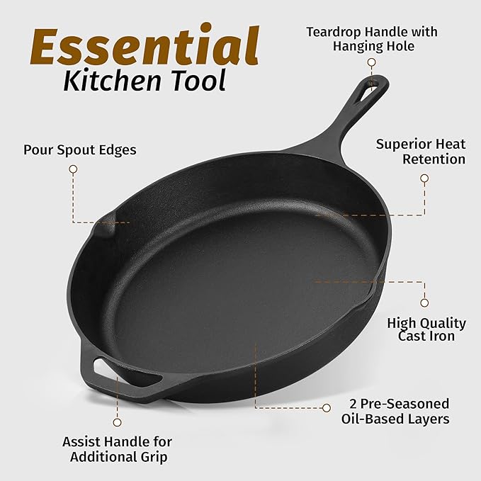 Zulay Kitchen Pre-Seasoned Cast Iron Skillet – 12.5 Inch Heavy Duty Frying Pan for Indoor & Outdoor Cooking – Oven, Stovetop, Induction, Grill & Campfire Safe