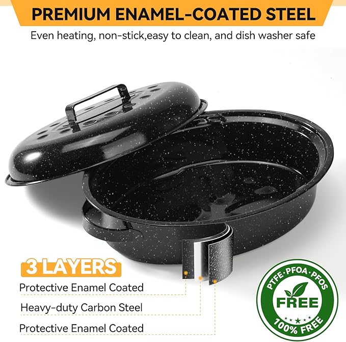 15.4” Roasting Pan With Lid, Oval Roaster Pan, Medium Roasting Pan For 10 Lb Turkey, Chicken, Lamb, Vegetables, Casserole, Lasagnaa