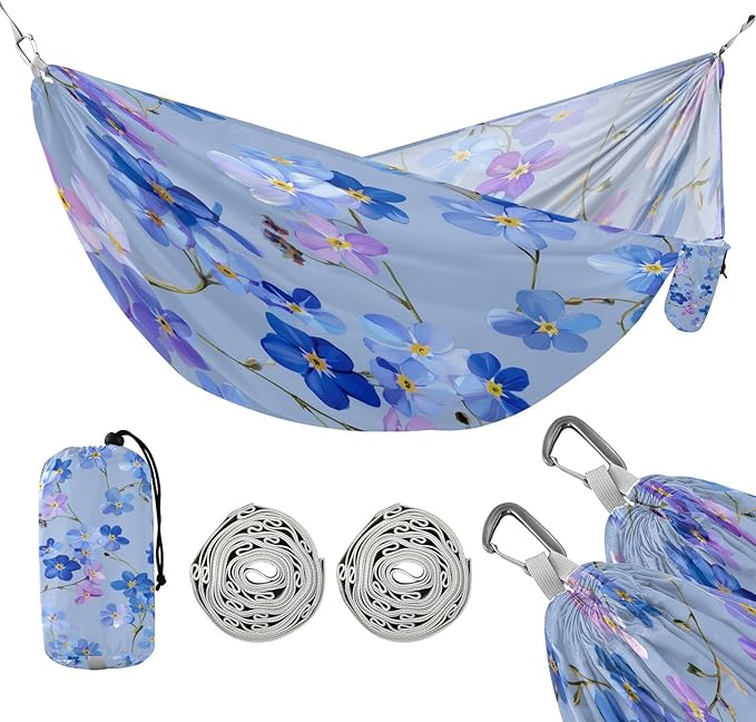 Blue Background Little Flowers Camping Hammock Single Portable Hammocks 330 lbs Capacity with 2 Tree Straps and Attached Carry Bag,Perfect for Outdoor,Indoor,Beach,Camping,Travel