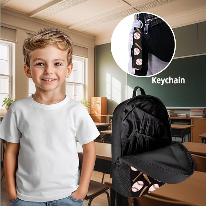 Baseball Bookbag with Insulated Lunchbox Pencil Holder Set,4 in 1 Flame Baseball Children Backpack for Kindergarten Elementary Middle 17 Inch Daypack for Camping Travel