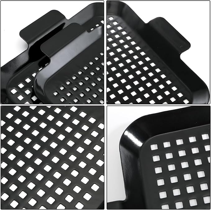 2 Pack Grill Pans, Nonstick Grill Topper for Outdoor Grill, BBQ Grilling Baskets with Perforated Bottom, Heavy Duty Carbon Steel Grill Grid for Cooking Camping, 16.5" x 10" and 13" x 7.4"