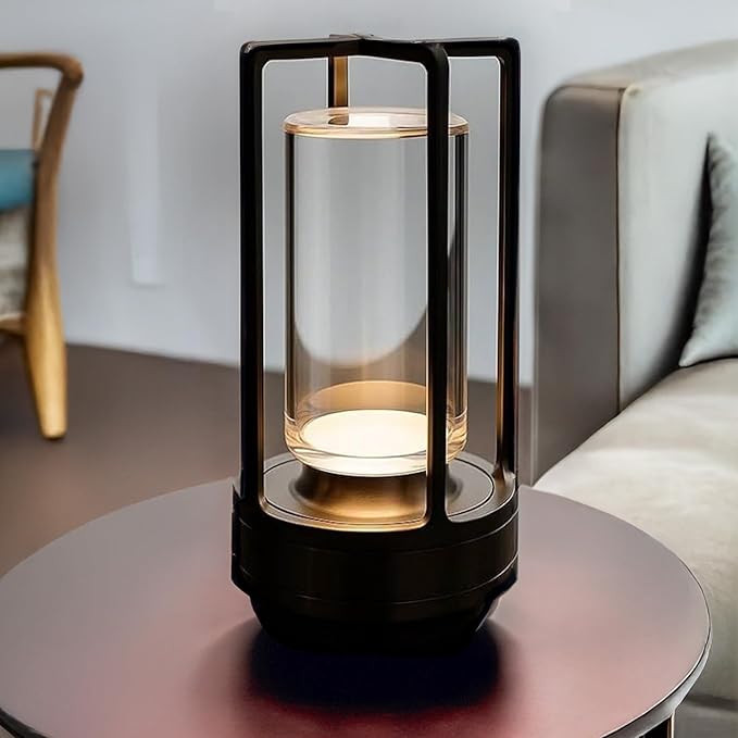 CLT Cordless Luxury Rechargeable Metal LED Lantern, Table Lamp Portable Light with 3 Color Temperature Stepless Dimming Indoor Outdoor Use for Bedroom, Restaurant, Bar, Coffee Shop, Camping (Black)