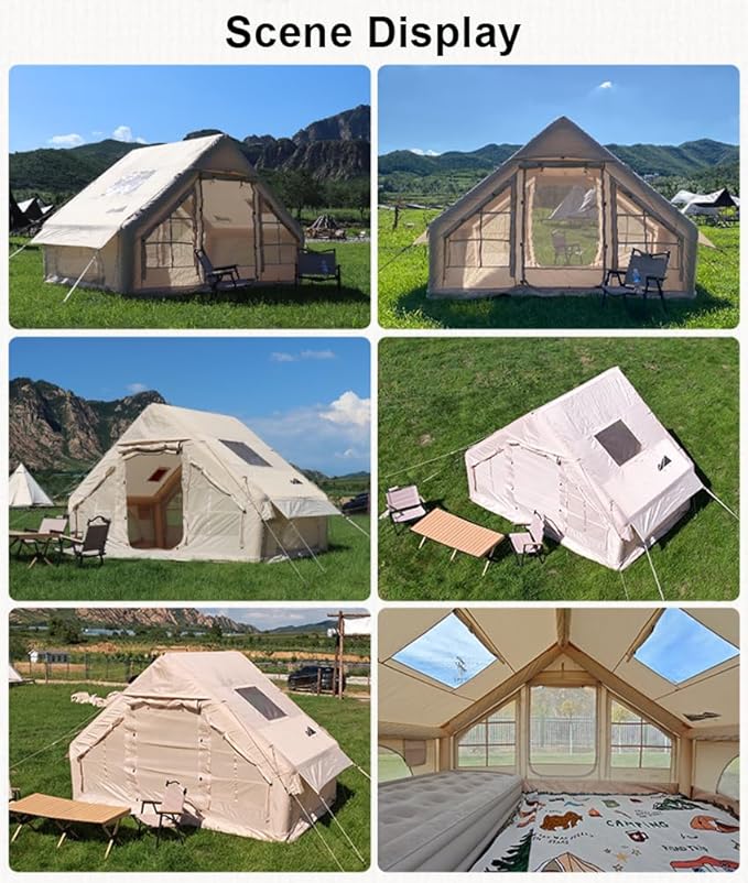Large Luxury Inflatable Camping Tent Cotton Canvas Tent, Breathable and Waterproof Air Tent with Skylight and Stove Jack Hole for for 4-6-8-10 Person Family Camping