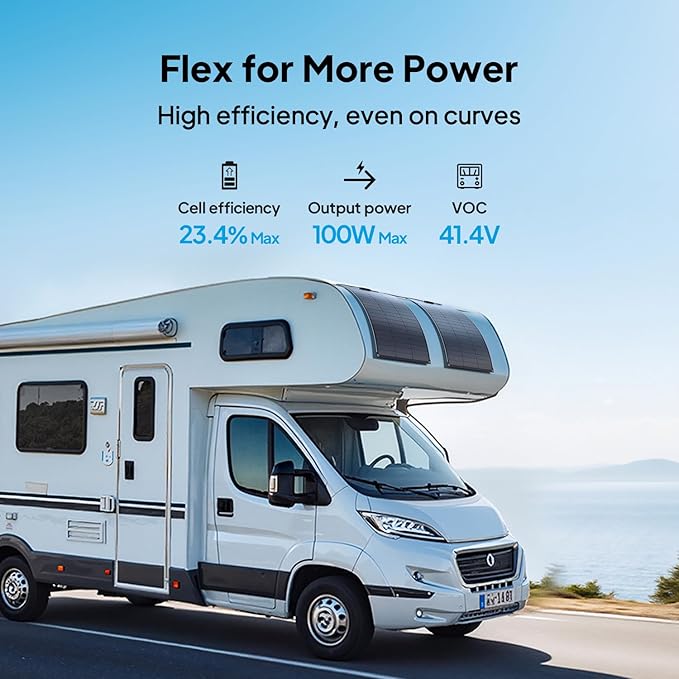 BLUETTI 2 100W Flexible Solar Panels for RVSolar 48V System, 23.4% High Efficiency, 240° Bendable, IP67 Solar Panel for RVs, Camping, Marine, Curved Surfaces
