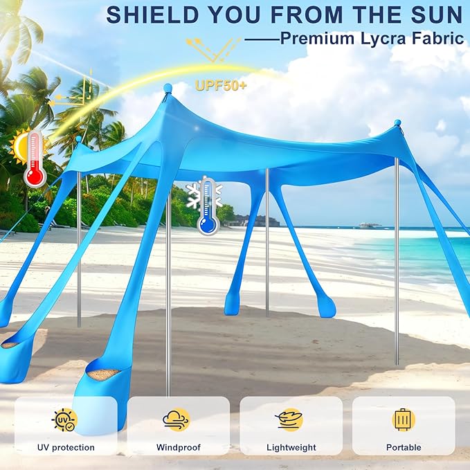 Beach Tent Sun Shelter UPF 50+,10x10 FT Beach Canopy Tent Sun Shade,Pop Up Beach Canopy with 8 Sandbags, Outdoor Beach Shade for Camping Trips, Fishing, Backyard Fun Picnics (Sky Blue)