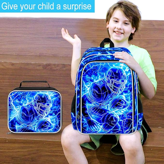 3Pcs Football Backpack for Boy, 17" Lightning Bookbag for Elementary Preschool Kindergarten, Kids School Backpacks with Lunch Box (Blue)