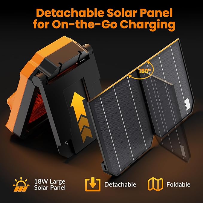 26800mAh Portable Fan Rechargeable with 18W Detachable Solar Panel, Quiet Battery Powered Camping Fan Cordless with LED Lantern,3 Speed,Timer,USB-C,for Bedroom Tent Home Office Desk Hurricane(Orange)