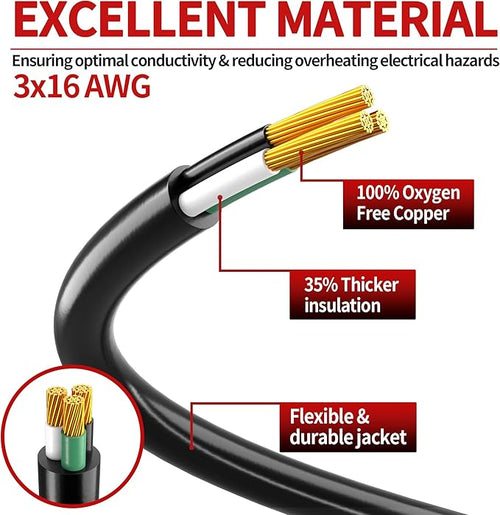 16/3 50 FT Outdoor Extension Cord Waterproof, Weatherproof & Flame Retardant Black 3 Prong Power Cord Outside for Lawn & Garden, 13 Amps 1625 Watts 125 VAC 16AWG SJTW, ETL Listed