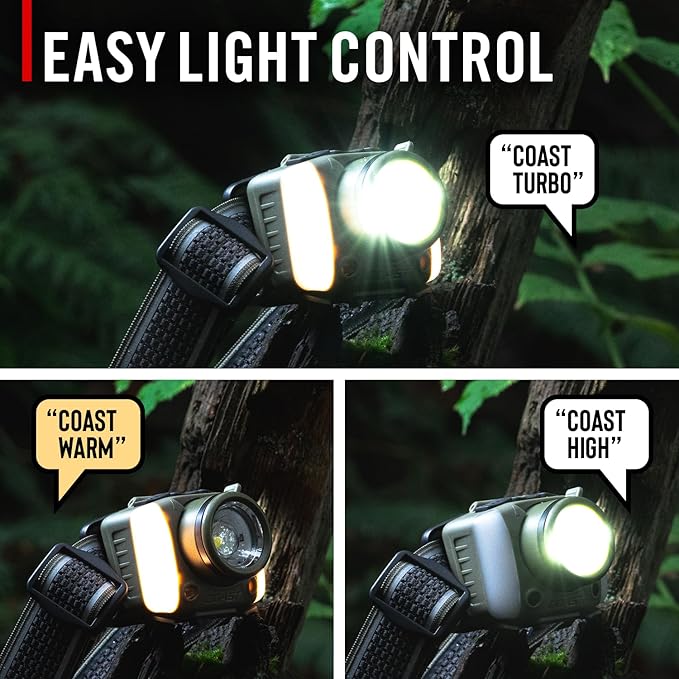 Coast FL97R Voice-Controlled 1200 Lumen Rechargeable LED Headlamp with Pure Beam® Spot & Flood, ARC Lighting, Red & Green Color Modes, Glide Focus™ Radial Arm Dial and USB-C Charge Port, Desert