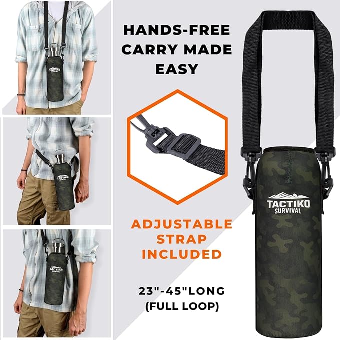 Tactiko Survival 51 oz/1500 ml Stainless Steel Wide Mouth Water Bottle, Single Wall Boil-Safe, Leakproof, BPA-Free with Carry Sleeve and Strap for Camping, Hiking, Outdoor Prep (Camo)