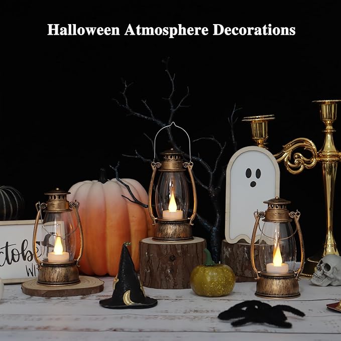 12PCS Bronze Mini Lanterns with Remote Control, 5.1" H/13cm Small Vintage Western Lanterns for Christmas Table Centerpieces, Halloween/Camping Party Decorations, Indoor Hanging & Table