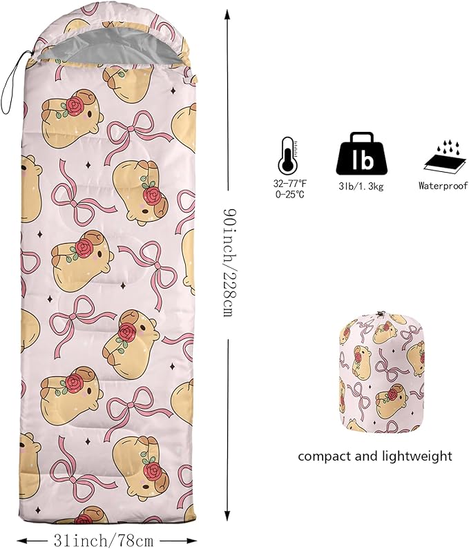 Colorful Bow Sleeping Bag, 3 Season Warm Cool Weather, Hand Drawn Bow Camping Sleeping Bag for Adult, Cute Bowknot Camping Backpacking for Outdoor Traveling Hiking Hunting Gear Equipment