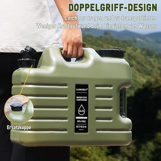 5 Gallon Water Jug,18.5L Portable Water Container with Spigot, Cleaning Brush, Detachable Hose & Extra Lid, Dual Handles Design, BPA-Free Camping Hydration Canteen, Outdoor Tank Storage PE - Green