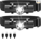 2 Pack 2200 mAh USB-C Rechargeable Dual Power Headlamp with Twist Focus Beam and Magnetic Base Manual & Gesture Sensing Control-Black