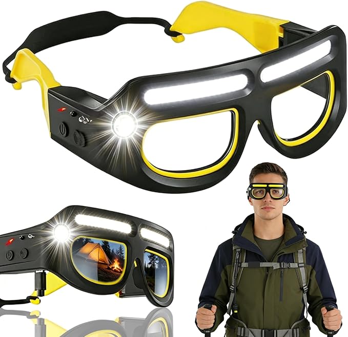 LED Glasses Rechargeable Headlight Glasses with Motion Sensor and Touch Control, Adjustable EDC Headlamp Flashlight Glasses with Lights, 5 Modes USB C Light up Hands-Free Glasses for Camping Emergency