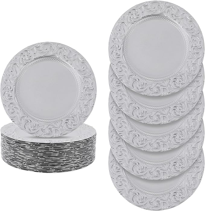 50 Pcs Silver Charger Plates Bulk, 13" Round Plastic Embossed Charger Plates, Decorative Table Dinner Chargers for Thanksgiving, Halloween, Wedding, Party, Christmas, Decor (Silver)
