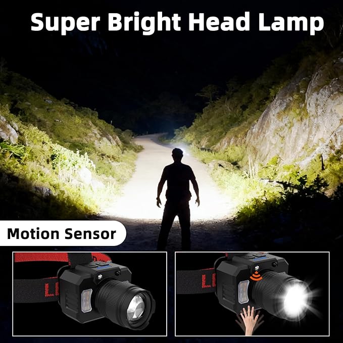 Rechargeable Headlamp High Lumen, 2Pack Super Bright Head lamp with Side Light & Motion Sensor, 7Mode Head Lights for Forehead, Adjustable Focus LED Headlamps for Adults Camping Running Hiking
