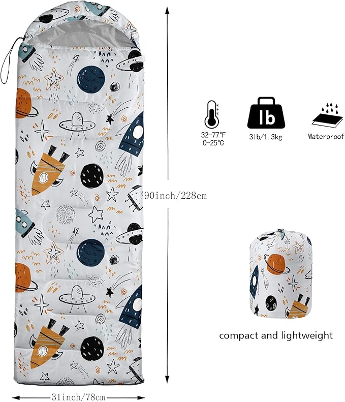 Kids Sleeping Bag for Boys Girls,Cartoon Spaceship Print-Lightweight Warm Portable Outdoor Indoor-Waterproof Cold Weather Resistant Sleeping Bag for Camping Hiking(Spaceship)