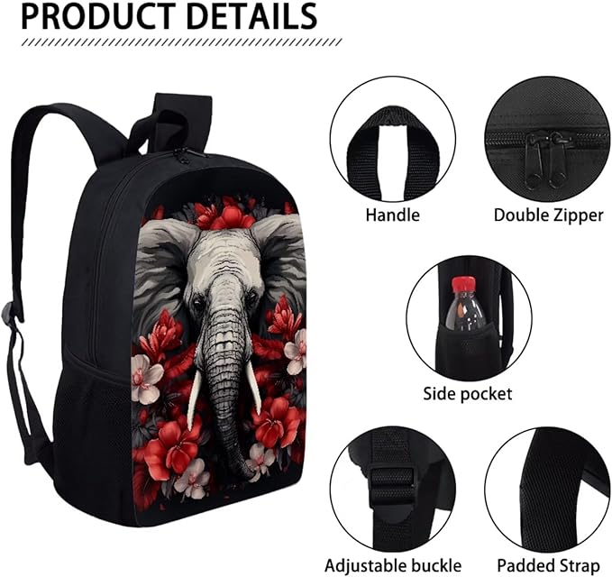 3 Pcs Elephant Red White Plumeria Flowers Print Travel Backpack for Women, Black Bookbag Waterproof School Bag Insulated Lunch Box Aesthetic Cosmetic Makeup Bag Stationery Pouch Bag
