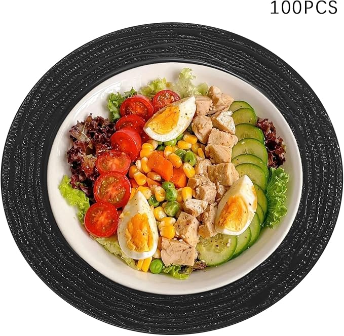 100 PCS Antique Charger Plates Bulk, 13'' Plastic Embossed Dinner Plate Chargers Round Floral Plates for Wedding Decorative Chargers for Table Dinner Kitchen Party Decoration (black)