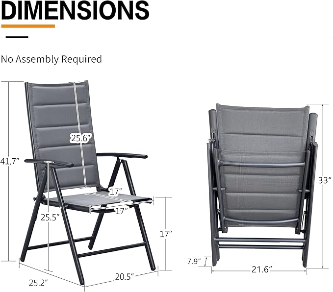 PURPLE LEAF Outdoor Patio Folding Chairs Set of 2, Outdoor Reclining Camping Chairs with Soft Cotton-Padded Seat Adjustable High Backrest Portable Chairs, Grey