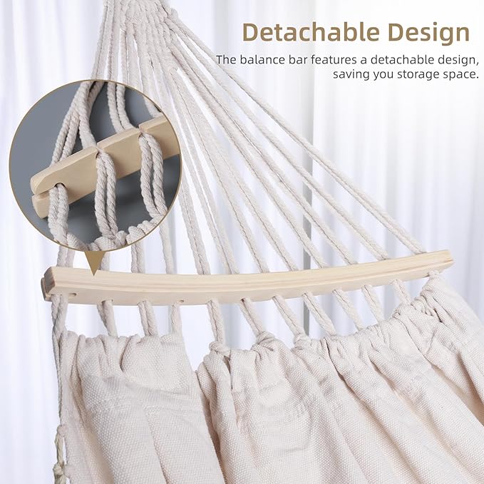 Portable Hammock, Hanging Hammock with Tassels and Fishtail Knitting, 320GSM Hanging Bed with Set Full Accessories for Outdoor Camping Patio Balcony Beige