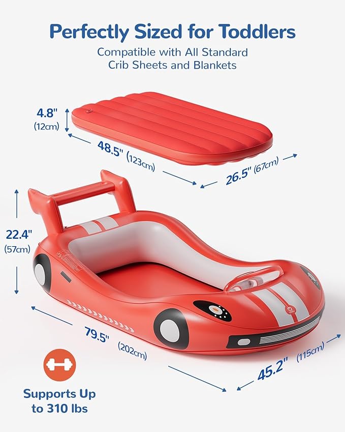 QPAU Blow up Inflatable Toddler Travel Bed with Sides, Toddler Air Mattress for Camping, Traveling, Hotel, or Home Use, Hand Pump Included