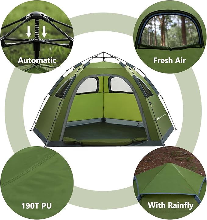 MOON LENCE Pop Up Camping Tent, 3-4 Person Portable Automatic Instant Tent Windproof for Camping, Hiking, Mountaineering