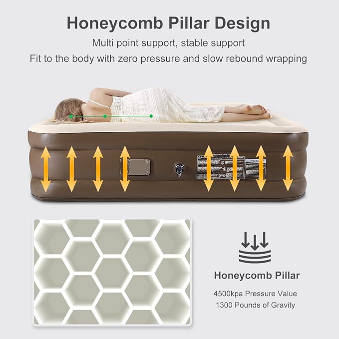Air Mattress Queen with Built-in Battery Powered Removable Pump, Blow Up Mattress, Strong Support All Night, No Lost Air,Compact Inflatable Air Bed for Home Guests Camping
