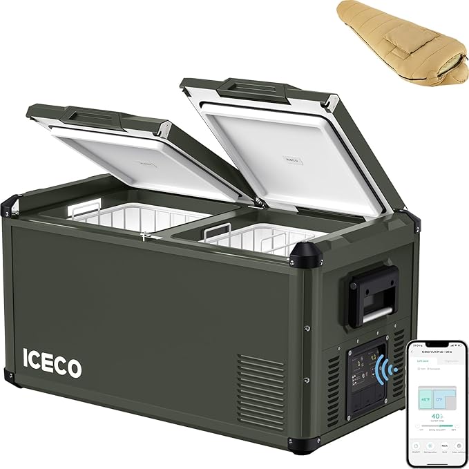 ICECO VL75ProD Portable Freezer for Car, Dual Zone Portable Fridge/Freezer with SECOP, Multi-directional Lid, 0-50°F, Dual USB 12/24VDC&110-240VAC, Car Refrigerator For Car, Home| With Sleeping Bag
