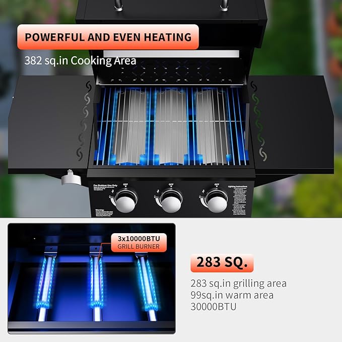 3 Burner Propane Grill, 30,000 BTU Propane Gas Grill with Two Side Tables, Stainless Steel Barbecue Grill, Outdoor Cooking BBQ for Patio, Camping, Backyard