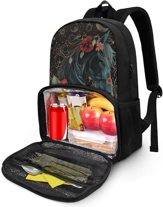 Horse Floral Moon Computer College Laptop Bag with Lunch Compartment for Men Women, Primary Middle High School Daypack Bookbag, Dustproof Hiking Picnic Cooler Backpack Meal Bag