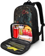 Horse Floral Moon Computer College Laptop Bag with Lunch Compartment for Men Women, Primary Middle High School Daypack Bookbag, Dustproof Hiking Picnic Cooler Backpack Meal Bag