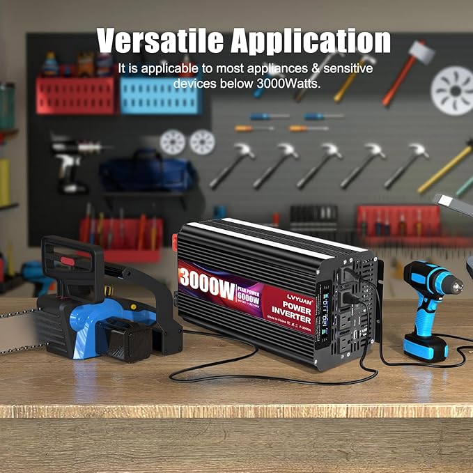 LVYUAN 3000 Watt Power Inverter 12V to 110V 120V DC to AC with 4 AC Outlets, LCD Display, USB Port & Remote Control for Home, RV, Vehicle, Truck, Off-Grid Solar System, Heavy Duty Outdoor Camping