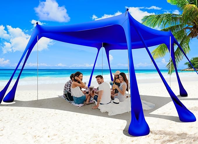 Beach Tent Sun Shelter 10x10ft Beach Canopy Easy Pop Up Sun Shade Portable UPF50+ with 8 Sandbags-2 Sand Shovel-4 Aluminum Poles-Ground Pegs for Outdoor Family Camping Fishing Backyard Picnic