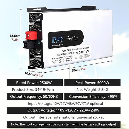 5000-12000w Pure Sine Wave Inverter Camping Inverter Portable Power, DC 12 V, 24 V, 48 V, 60 V, 72 V a CA 110 V for Home/RV/Truck/Car/Camping/Solar 60V-5000W