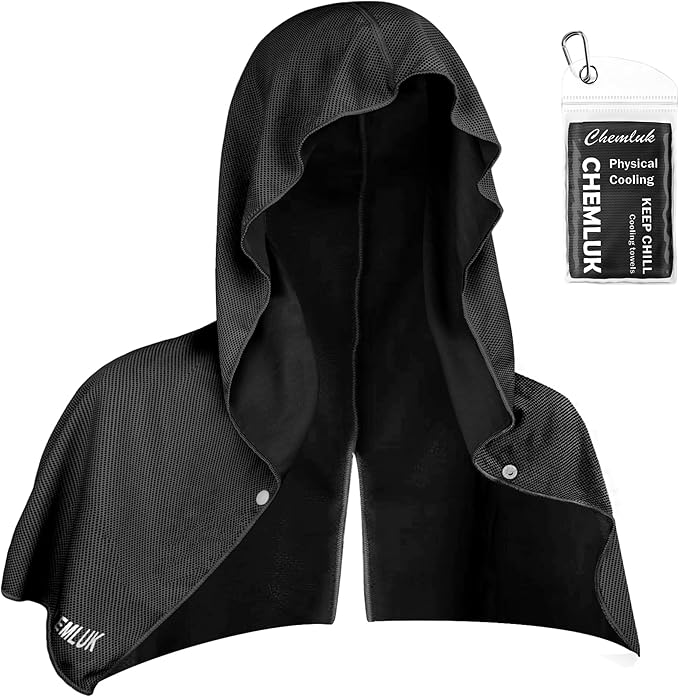 Cooling Hoodie Towel: Cooling Towels for Neck and Face Sun Protection Instant Cool for Hot Weather Hiking Camping Running Golf Gardening Fishing Music Festivals Theme Parks Beach - Black