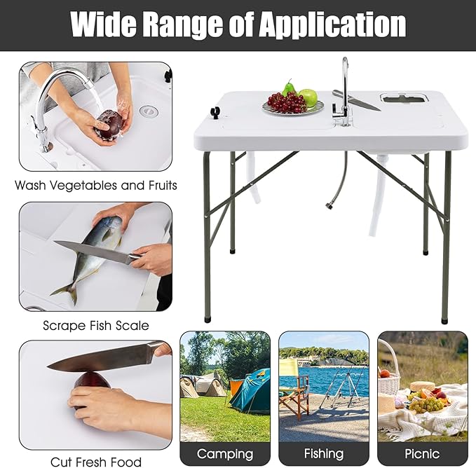 Giantex Fish Cleaning Table w/ 2 Sinks, Faucet, Hose Hook Up, Portable Folding Camping Table w/Measure Mark, Outdoor Fillet Cleaning Station for Fishing Beach Picnic (with Water Hose Holder)