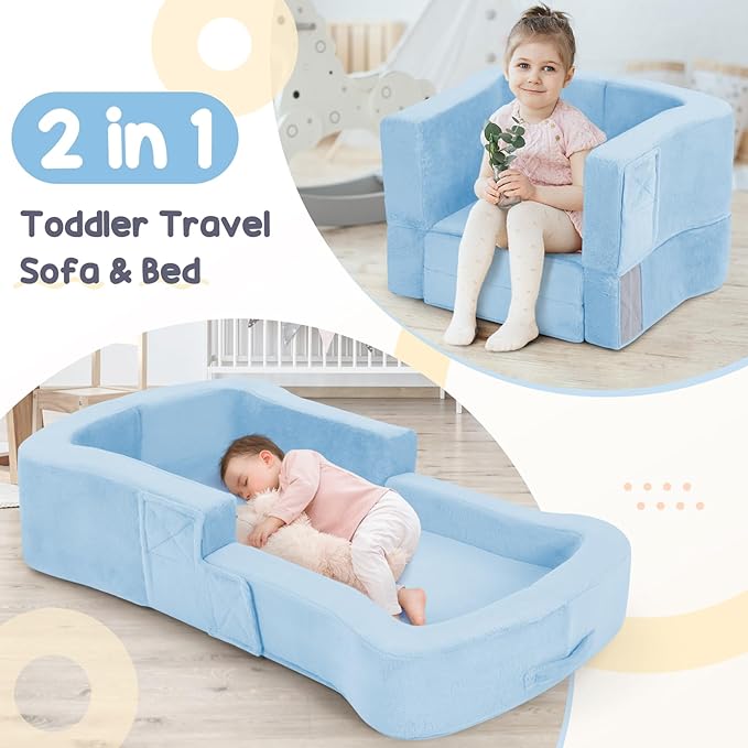 Portable Toddler Travel Bed, 2-in-1 Foldable Toddler Bed Sofa Chair, Soft Baby Kids Travel Floor Cot with Washable Covers Safety Foam Raised Bumper for Grandma's House Road Trips Camping Hotel (Blue)