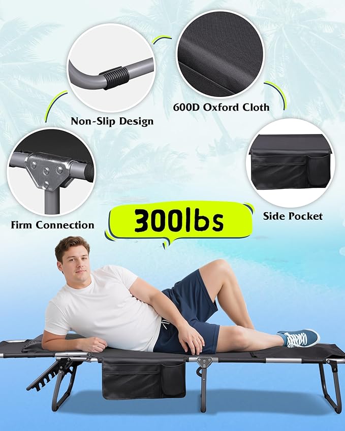 WLIVE Outdoor Tanning Chair, 5-Position Folding Beach Chair with Face Hole for Adults, Portable Patio Lounge Chair for Beach, Pool,Camping,Black