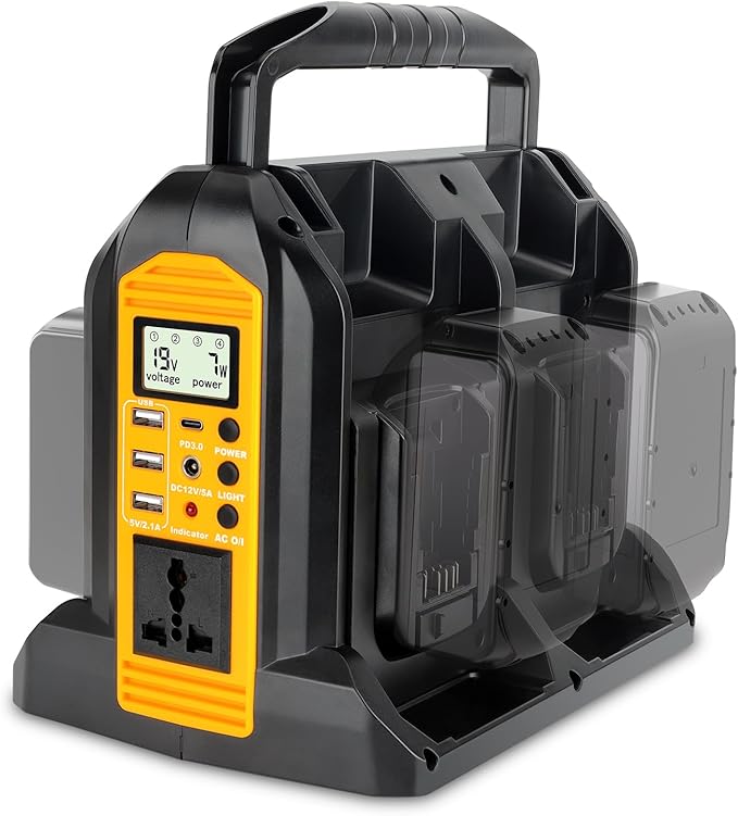 350W Power Inverter for Dewalt 20V 60V Li-ion Battery, 4-Port 20V to 120V Pure Sine Wave Inverter with LED Light, 3 USB-A Port, 1 USB-C Port, 1 DC Port, Power Station for Outdoor Camping (Tool Only)