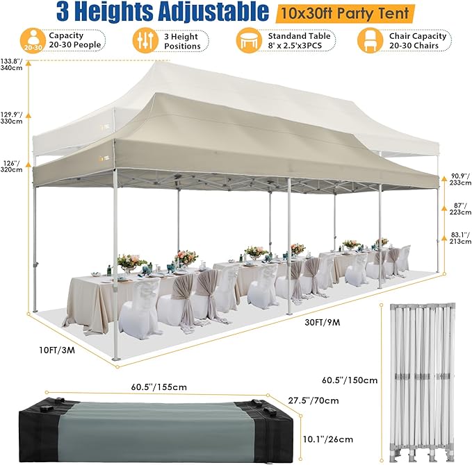 HOTEEL 10x30 Heavy Duty Pop up Canopy Tent for Parties with 8 Sidewalls, Easy Setup Outdoor Commercial Instant Gazebo for Wedding Event, with Portable Bag & Sand Bags, Khaki(Hexagonal Frame)