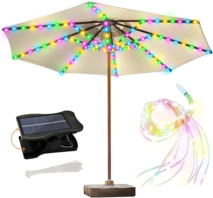 ZNYCYE Solar Umbrella Lights, 8 Strands Patio Umbrella Lights Outdoor with 8 Modes 3V Solar Panel Clip 112 Led Outdoor Waterproof for Beach Deck Garden Camping Tents Party Decoration(Multicolor)