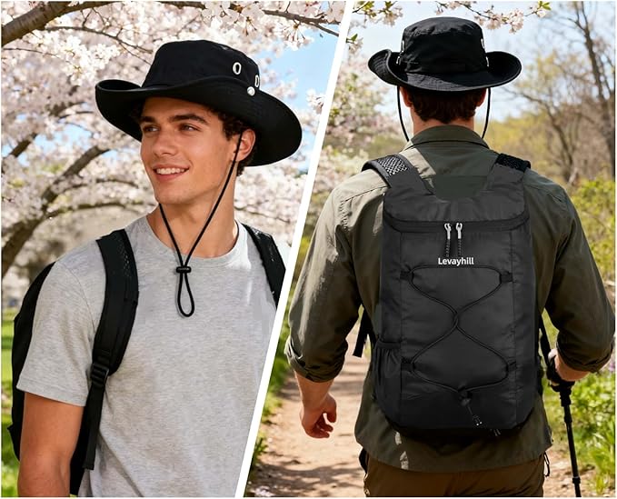 16L Foldable Backpack & Bucket Hat 2 In 1 Combo, Lightweight packable Travel Set, Compact Daypack with Sun Hat (Black)