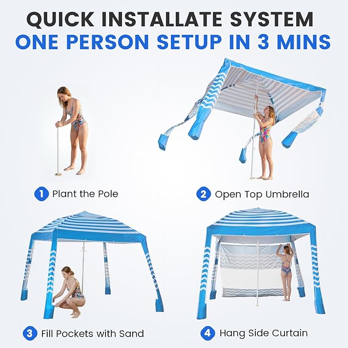 Zeraty Beach Cabana 8'×8', Portable Beach Canopy with Side Wall, Easy Pop Up UPF 50+ Silver-Coated Beach Tent Sun Shelter, Wind Resistant Adjustable Height Beach Umbrella Tent for Family, Sky Blue