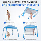 Zeraty Beach Cabana 8'×8', Portable Beach Canopy with Side Wall, Easy Pop Up UPF 50+ Silver-Coated Beach Tent Sun Shelter, Wind Resistant Adjustable Height Beach Umbrella Tent for Family, Sky Blue