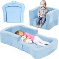 Portable Toddler Travel Bed, 2-in-1 Foldable Toddler Bed Sofa Chair, Soft Baby Kids Travel Floor Cot with Washable Covers Safety Foam Raised Bumper for Grandma's House Road Trips Camping Hotel (Blue)